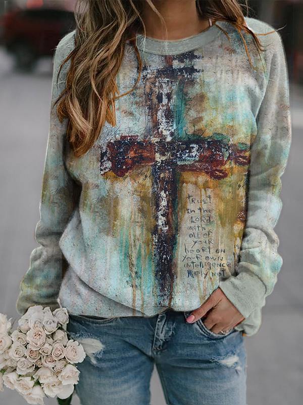 Women's Oil Paintings Believe In Jesus Cross Printed Sweatshirt - CHALIER