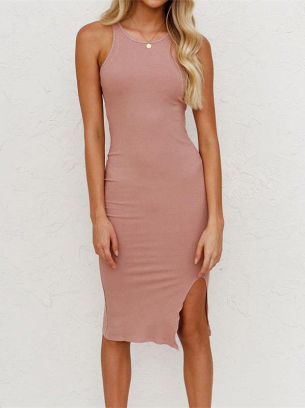 Women's Sheath Dress Tight Sleeveless Solid Color Vest Midi Slit Dress - CHALIER