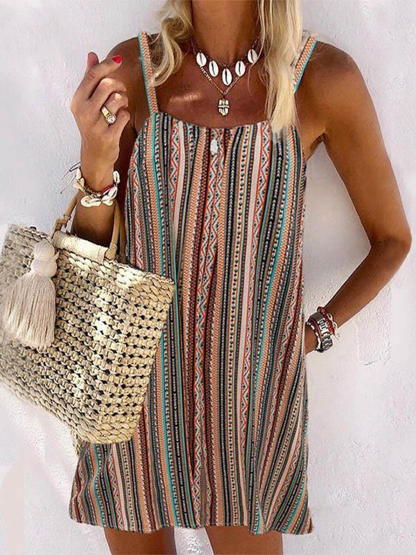 Women's Vintage Linen Sexy Striped Halter Mini Dress - CHALIER