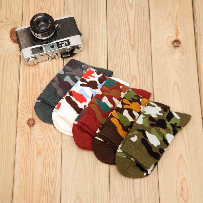 Mens Cotton Crew Socks Outdoor Camouflage Training Casual Socks Set 5 Pairs - CHALIER