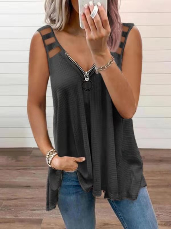 Women's Sexy V-Neck Zippered Sleeveless T-Shirt Casual Tanks Plus Size