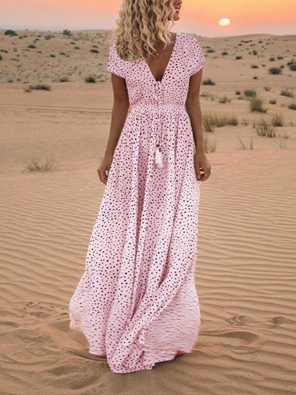 Polka Dots Short Sleeve V-Neck Boho Maxi Dress Holiday - CHALIER
