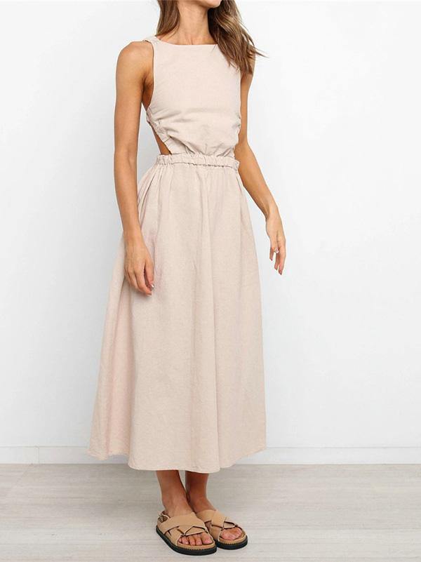 Women's Sexy Sleeveless Backless Crew Neck A-line Maxi Dress Vintage Solid Color - CHALIER