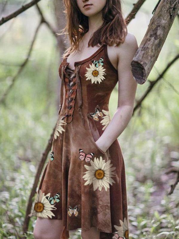 Women's Slim Asymmetrical Lace Up Sunflower Butterfly Print Slip Dress - CHALIER