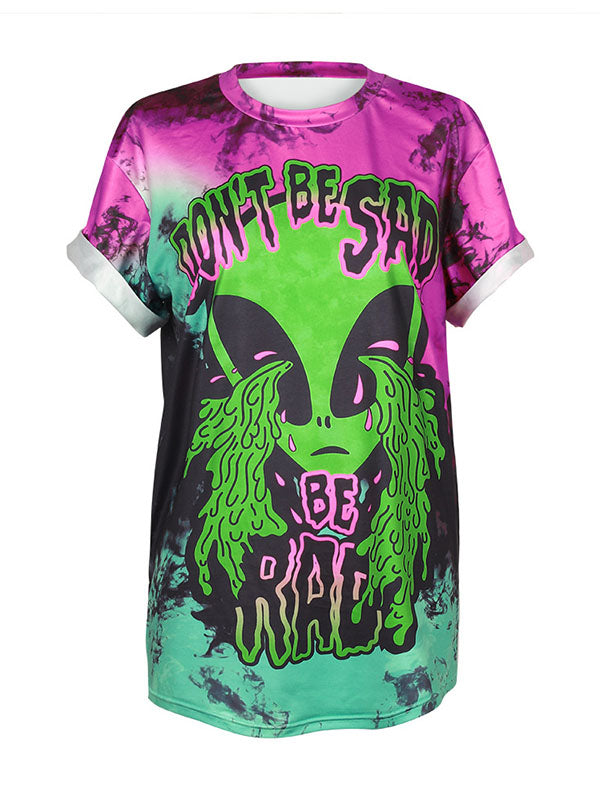 Women's Funny Cartoon Alien Prints Plus Size Tie-dye T-Shirt