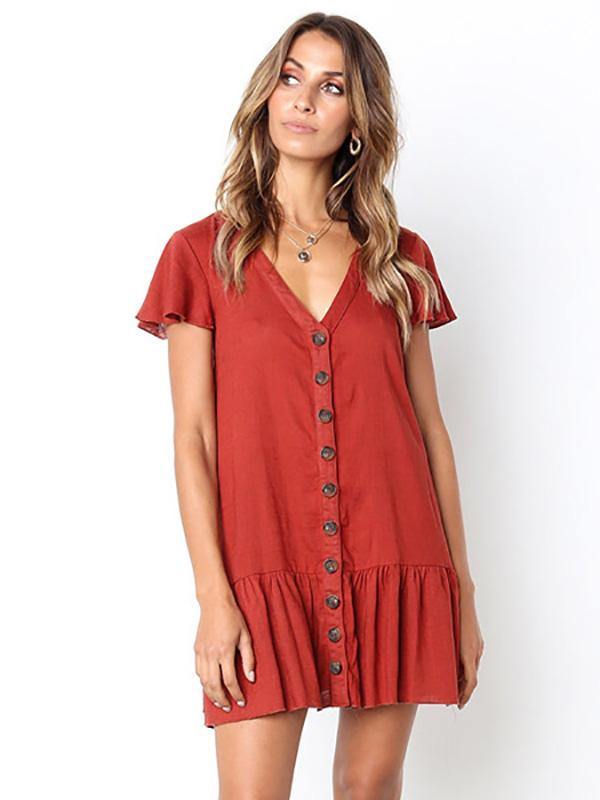 Women's Cotton and Linen Solid V-neck Loose Breathable Short Dress with Buttons - CHALIER