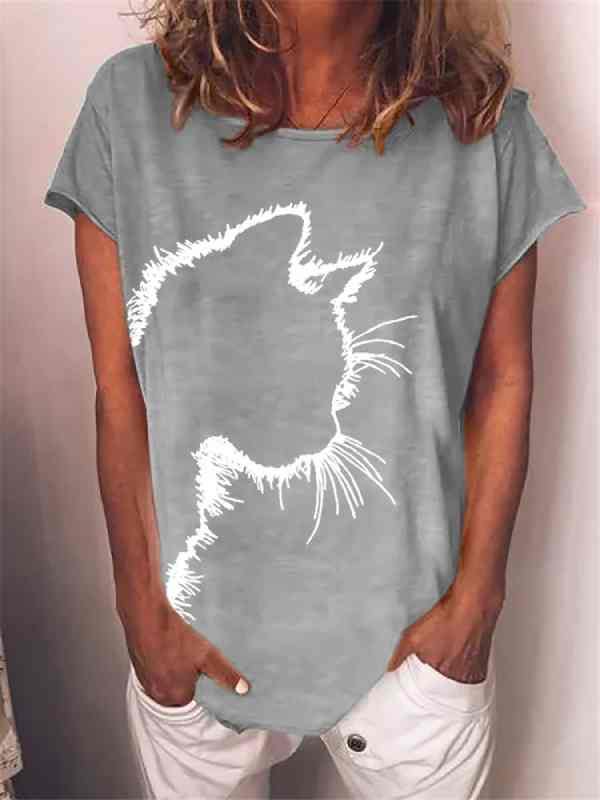 Cat Printed Crew Neck Casual Short Sleeve T-Shirt - CHALIER