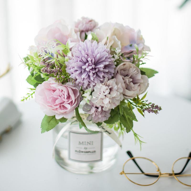 Artificial Fake Flower Set  Roses Peony For Home Decor Includes Glass Vase - CHALIER