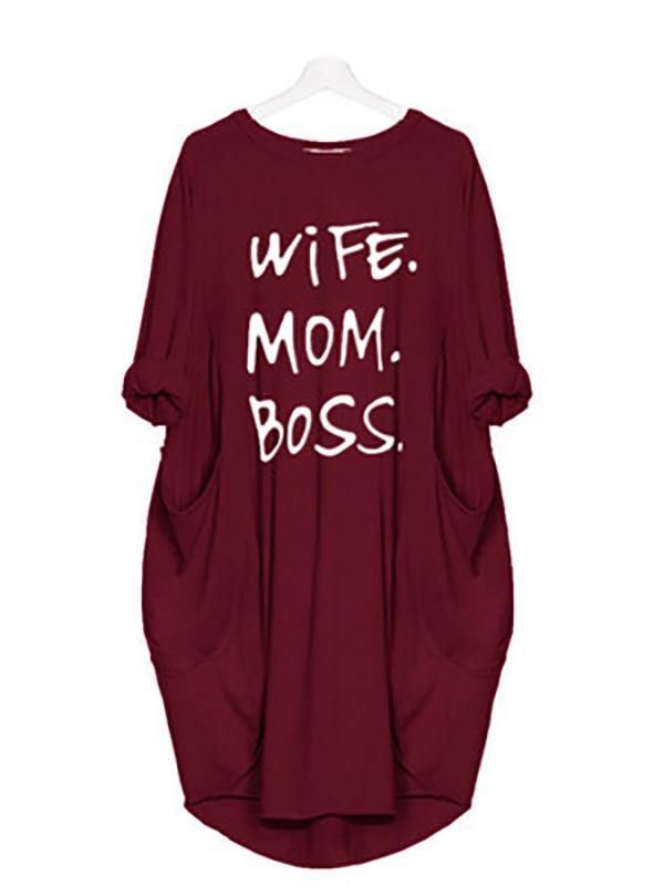 Women's Casual Cotton Letter Prints Loose Tee Dress Pocket Midi Dress Plus Size - CHALIER