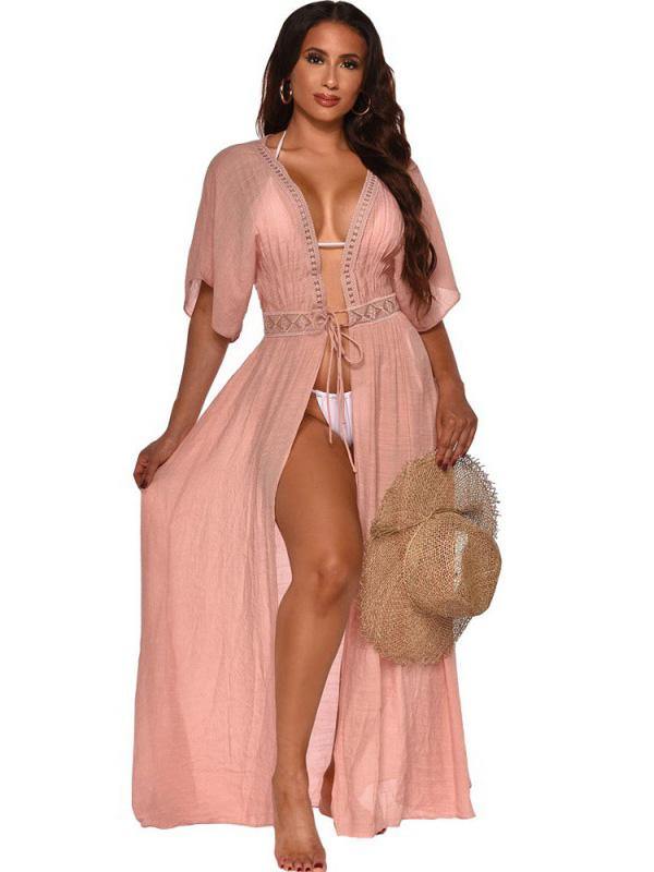 Women's Sexy Holiday Maxi Dress Beach Tthin Cotton and Linen Cardigan Slit Dress Plus Size - CHALIER