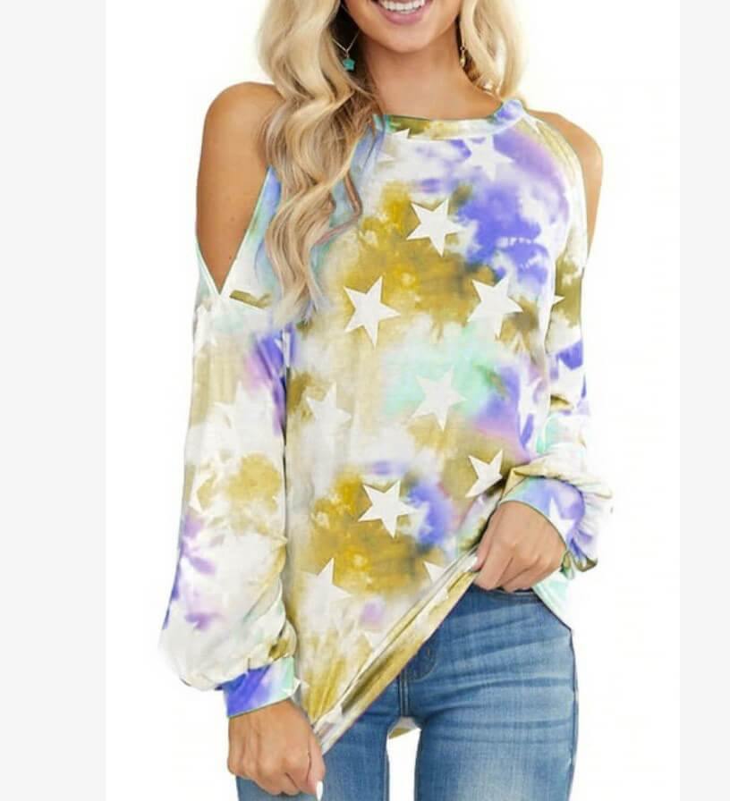 Women's Cold Shouler Tie Dye Star Print Long-Sleeve T-shirt - CHALIER