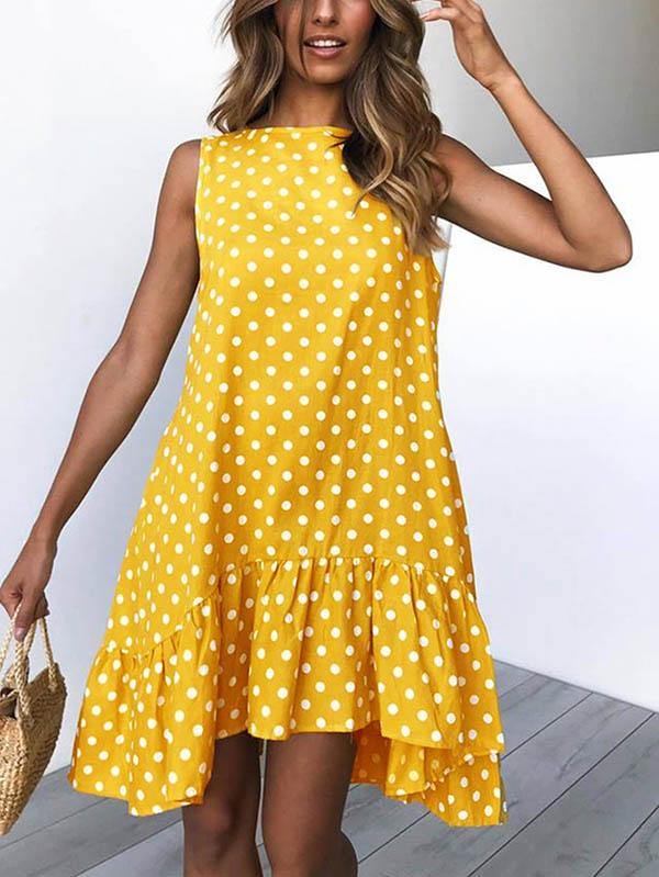 Women's Polka Dot Sleeveless Loose Flounced Dress Holiday - CHALIER