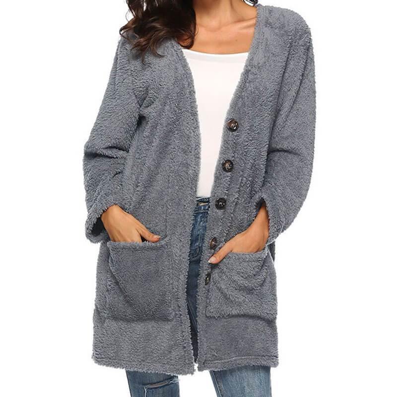 Fuzzy Plain Pockets Solid Women's Warmest Cardigan - CHALIER