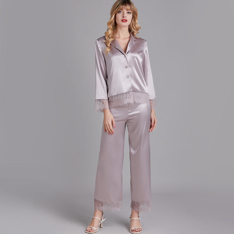 Satin Pajamas Set 2 Piece Women's V-Neck Sleepwear Set with Lace Trim Pj Set Loungewear