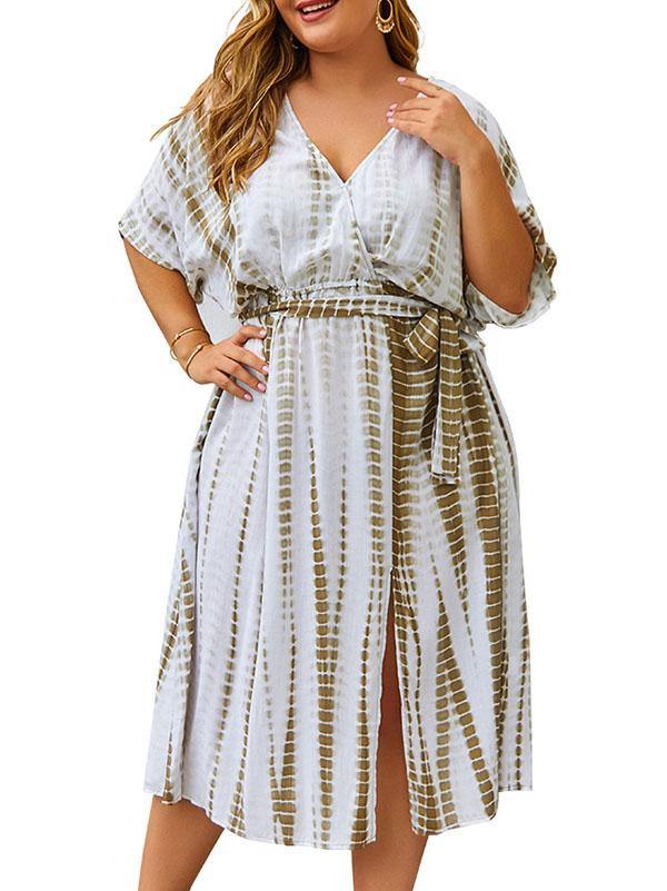 Women's Cotton Plus Size Slit Dress V-neck Waistband Holiday Maxi Dress - CHALIER