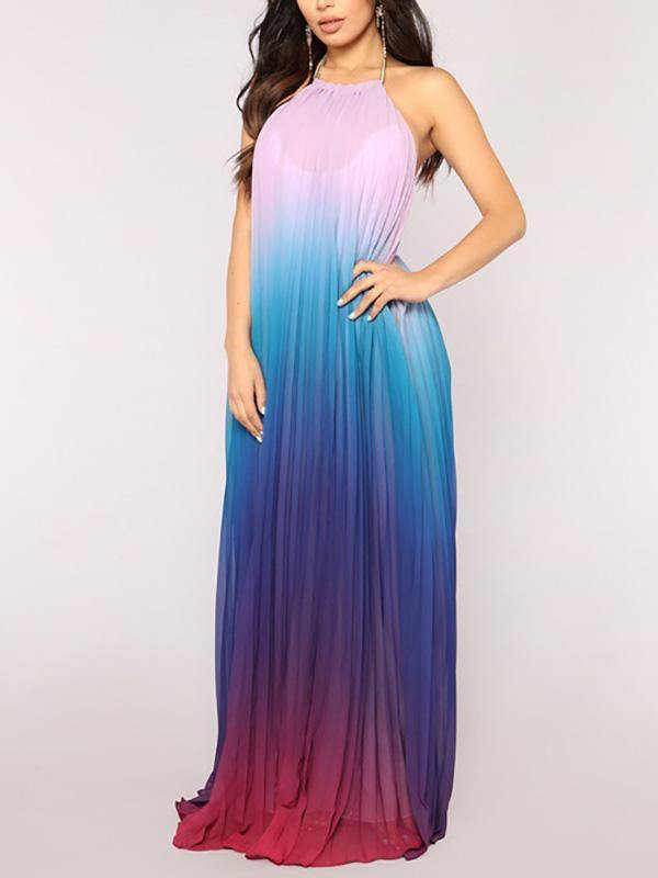 Women's Gradient Chiffon Blue Maxi Pleated Halter Dress Beach Holiday - CHALIER