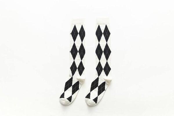 Womens Geometric Calf Socks Knee-length Cotton English Vintage Stockings Black - CHALIER