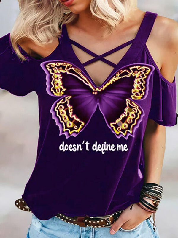 Women's Causual V-Neck Butterfly Prints T-Shirt Off Shoulder Plus Size Tops