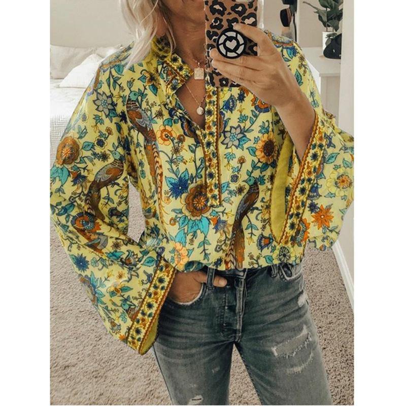 Women Floral Printed Long Sleeve Blouse - CHALIER