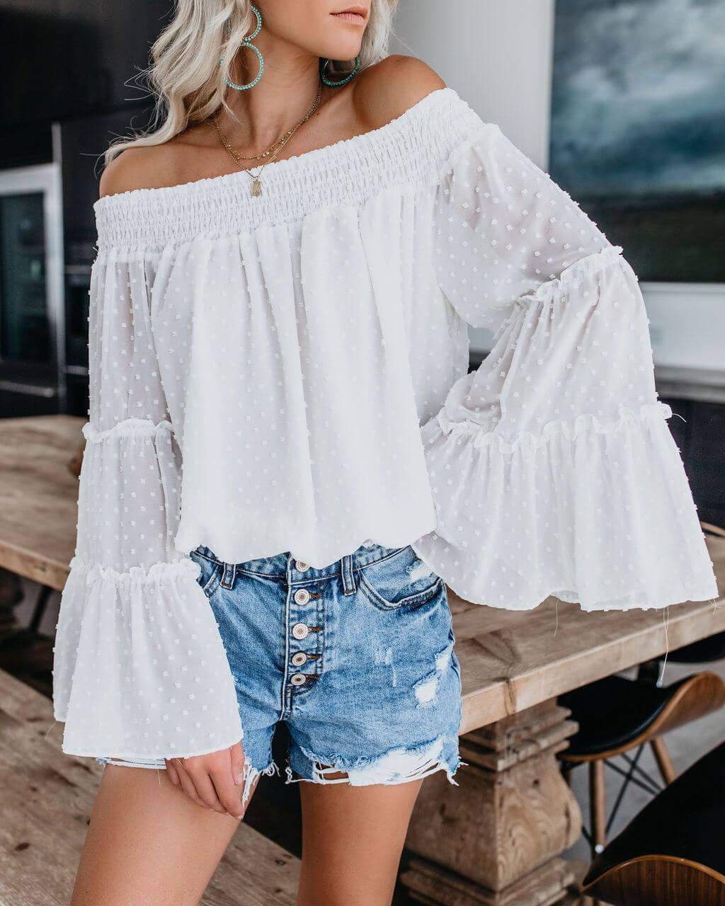 Off-The-Shoulder Flared Sleeve T-Shirt - CHALIER