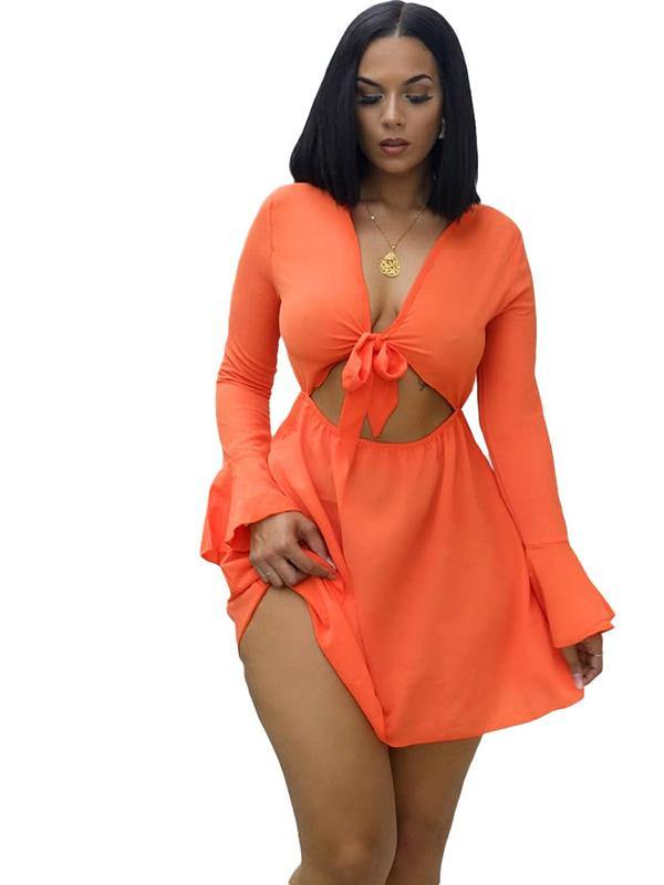 Women's Sexy Ultra-thin Beach Mini Dress Long Sleeve V-Neck Bowknot - CHALIER