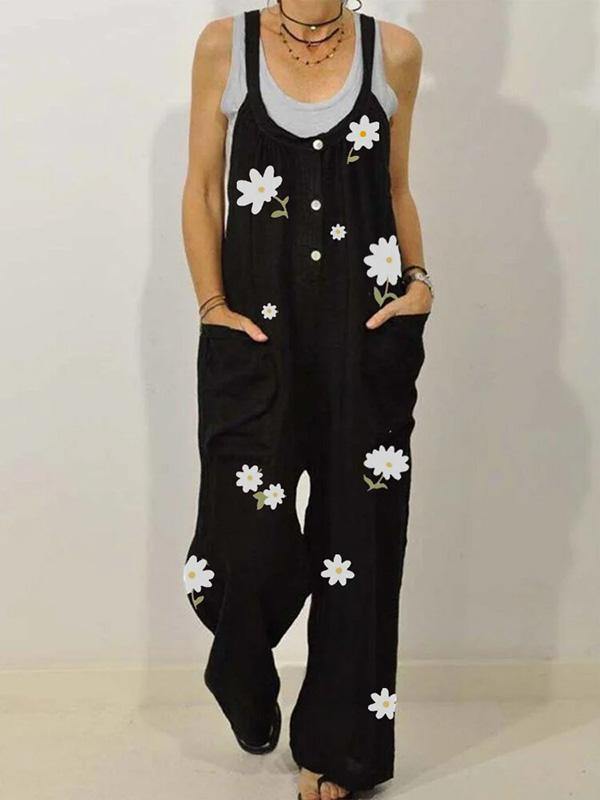 Women's Cotton Floral Prints Overalls Loose Plus Size Jumpsuits - CHALIER
