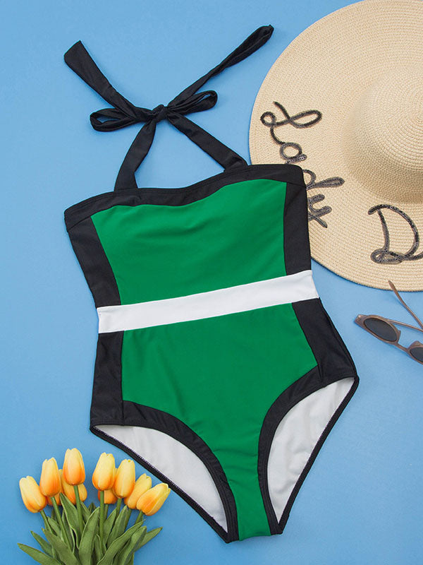 Women's Halter Color Block One Piece Swimsuit Lace Up