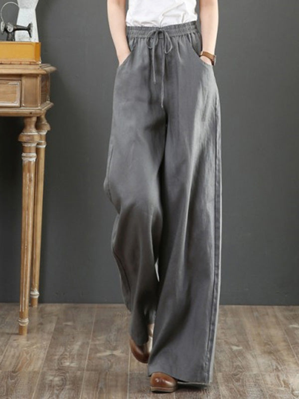 Women's Cotton Linen Wide Leg Pants Casual Plus Size High Waist Straight Trousers
