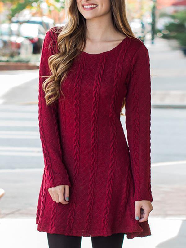 Women's Knitted Mini Dress Long-sleeve A-line Loose Casual Sweater Dress Plus Size - CHALIER