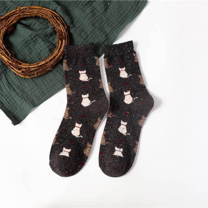 Womens Winter Wool Warm Socks Cartoon Cat pattern Fashion Socks 5 Pairs Set - CHALIER
