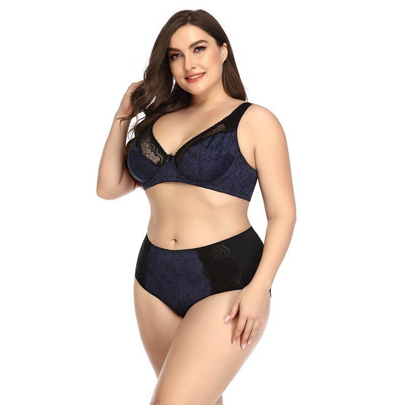 Chalier Plus Size Women's Bra Floral Printed Lace Lingerie Sets D Cup - CHALIER