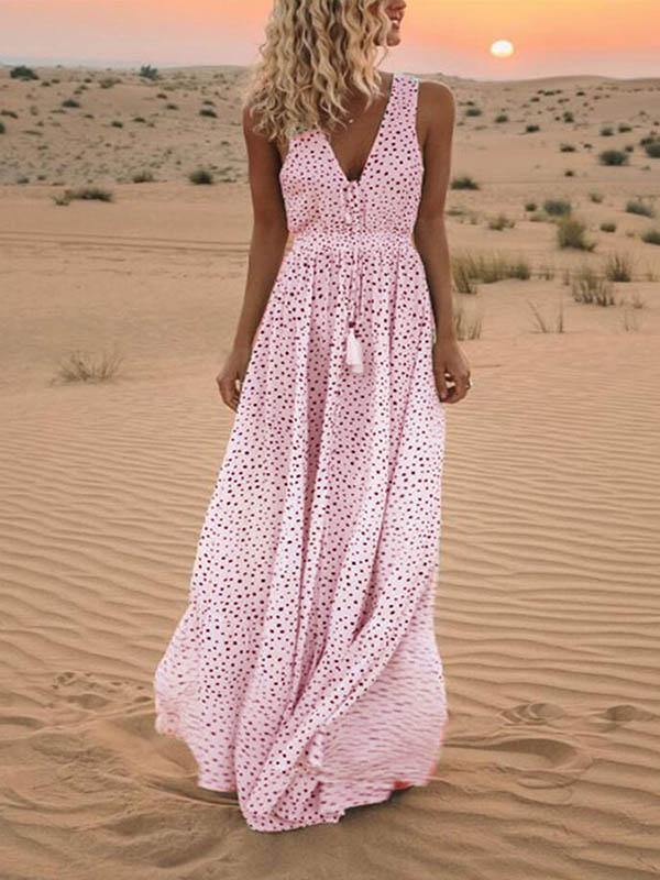 Polka Dots Sleeveless V-Neck Boho Maxi Dress Holiday - CHALIER