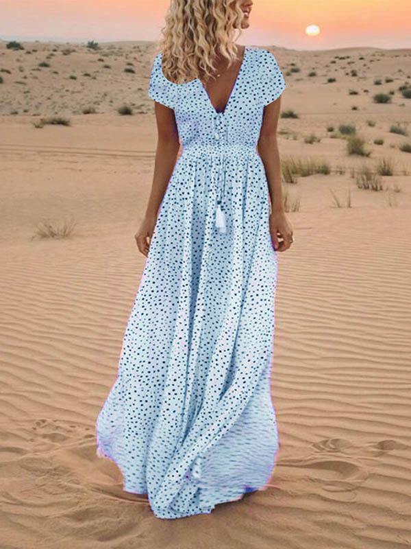 Polka Dots Short Sleeve V-Neck Boho Maxi Dress Holiday - CHALIER