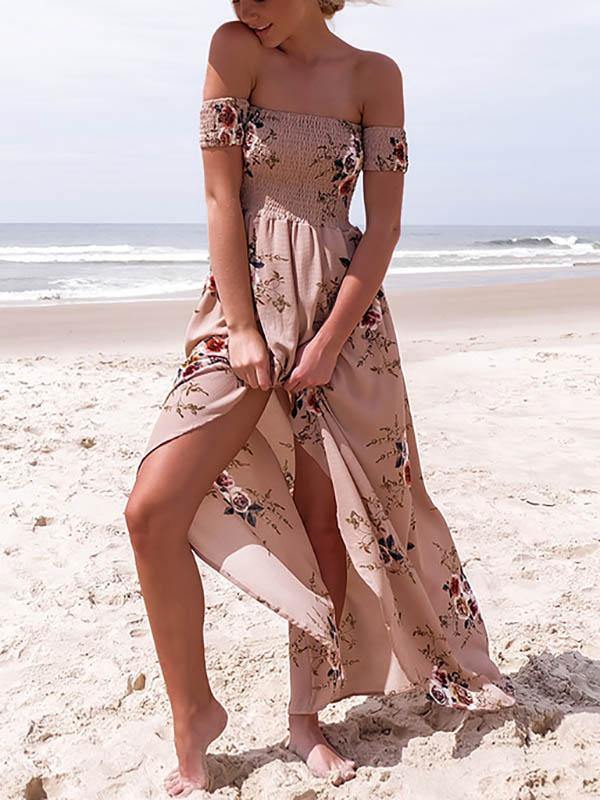 Women's Floral Printed Maxi Beach Dress Long Bohemian Split Tee Dress Plus Size - CHALIER