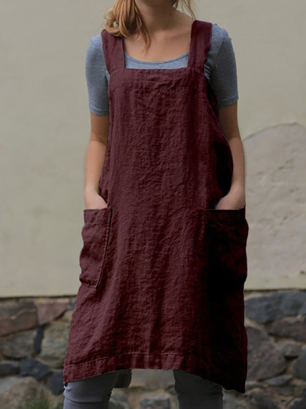 Womens Cotton Linen Loose Apron Pinafore Dress Square Neck Plus Size