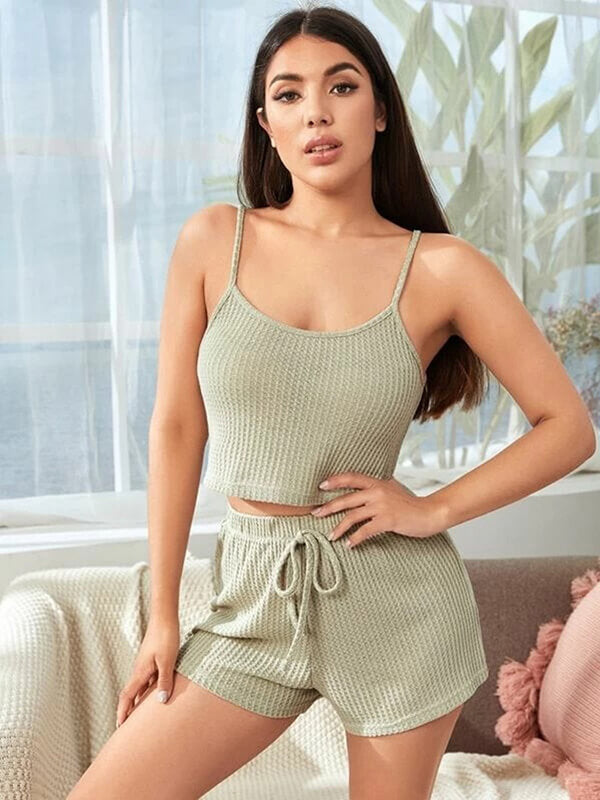 Womens Sexy Camisole Sets Solid Color Pajamas Sleeveless Sleepwear Set Nightwear