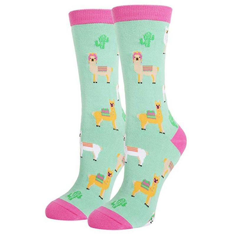 Women Crew Cotton Funny Crazy Novelty Socks Llama Cartoon Print Casual Socks - CHALIER