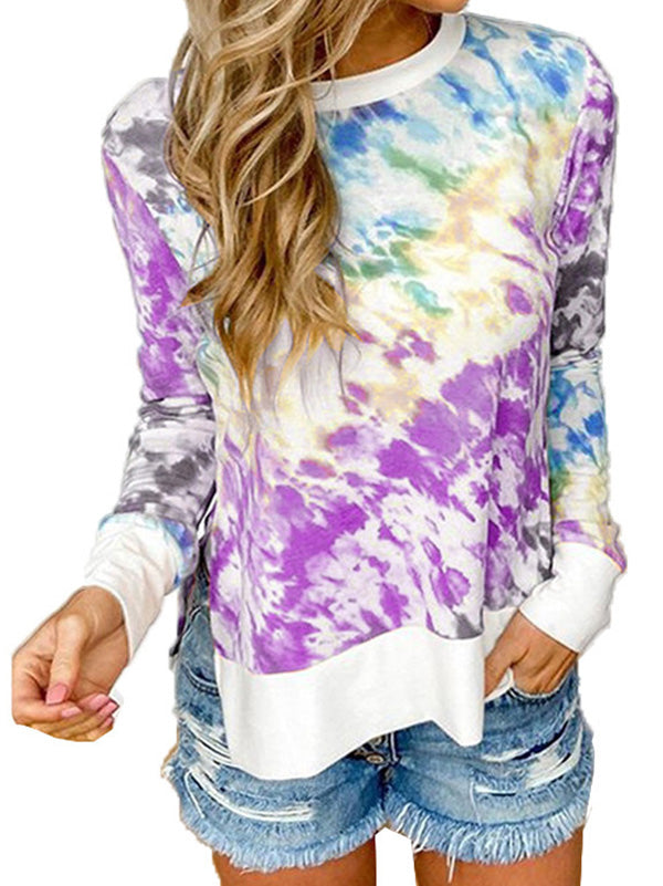 Women's Tie-Dye Floral Prints Long Sleeve T-Shirt Round-Neck