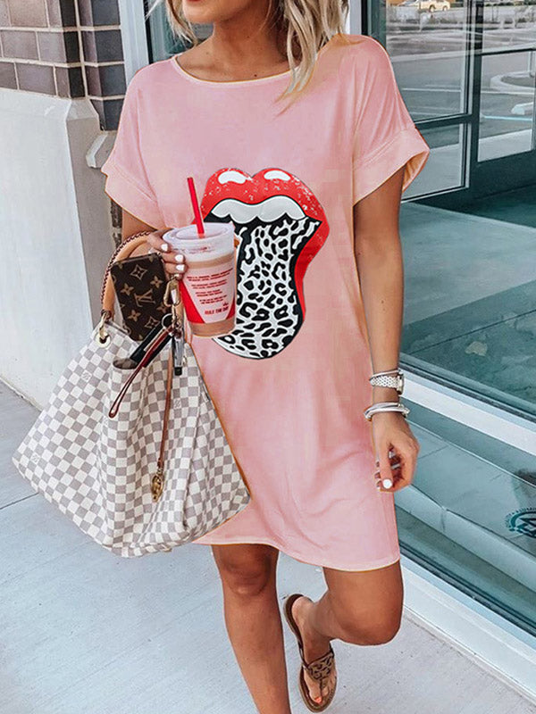 Women's Casual T-Shirt Mini Dress Crew Neck Lips Prints Short Sleeve