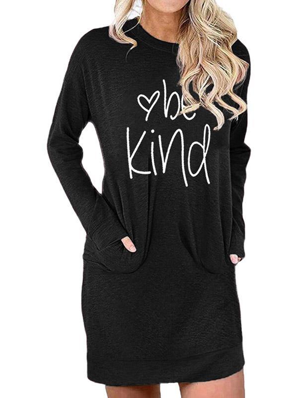 Women's Casual Cotton Letter Print "BE KIND" Tee Dress Pocket Mini Dress Long Sleeve - CHALIER