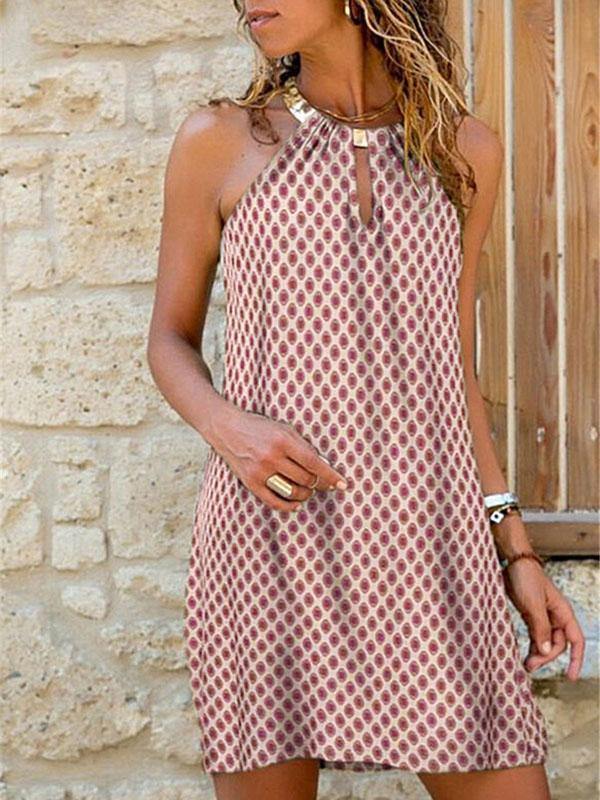 Floral Printed Sleeveless Halter Mini Dress Holiday with Metal Necklace - CHALIER