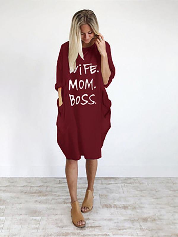 Women's Casual Cotton Letter Prints Loose Tee Dress Pocket Midi Dress Plus Size - CHALIER