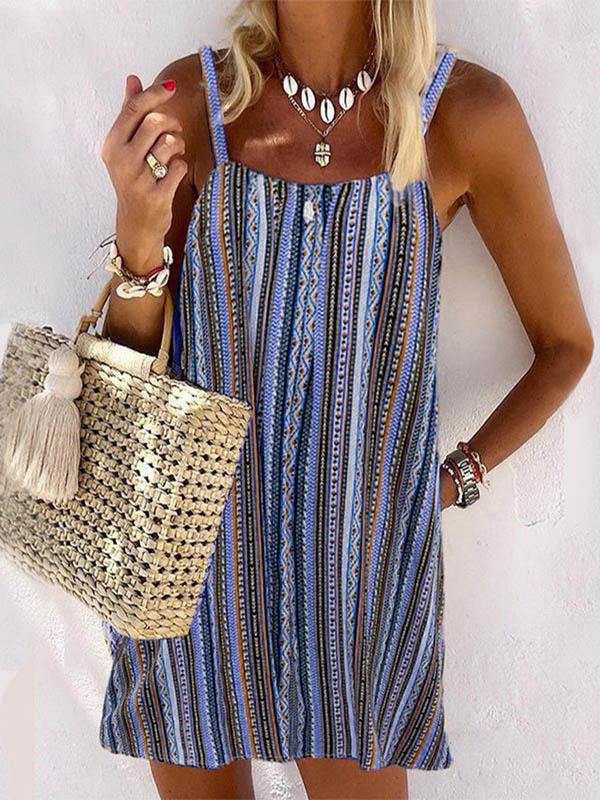Women's Vintage Linen Sexy Striped Halter Mini Dress - CHALIER
