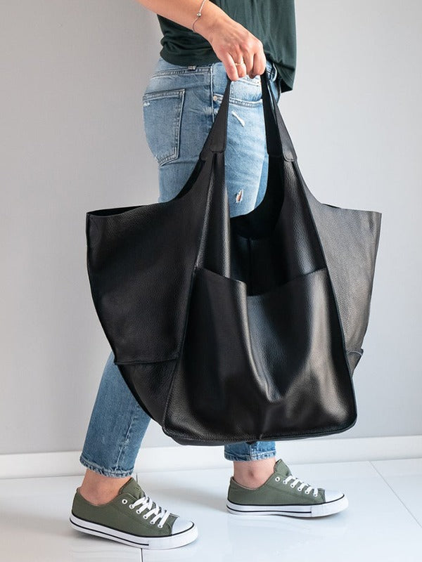 Women Large Capacity Tote Bag Solid Simple Shoulder Handbag
