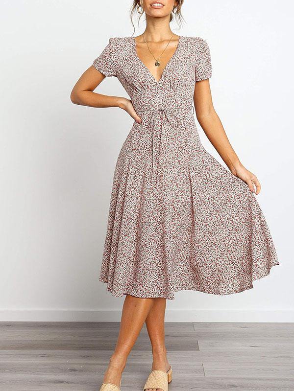Women's Elegant Floral Printed V-neck Short-sleeved Midi Dress - CHALIER