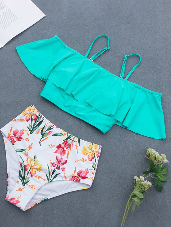 Women's Off Shoulder Swimsuits Tankini Stripe Floral Print Briefs Plus Size