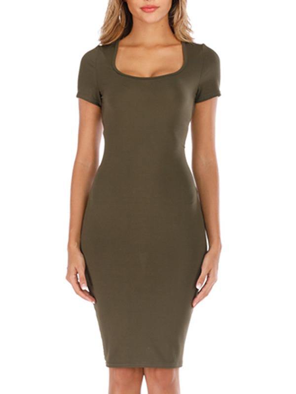 Women's Elegant Sheath Dress Short Sleeve Square-cut Collar High Waist Midi Dress - CHALIER