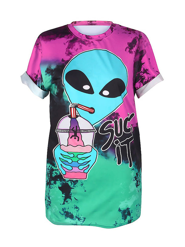 Women's Funny Cartoon Alien Prints Plus Size Tie-dye T-Shirt