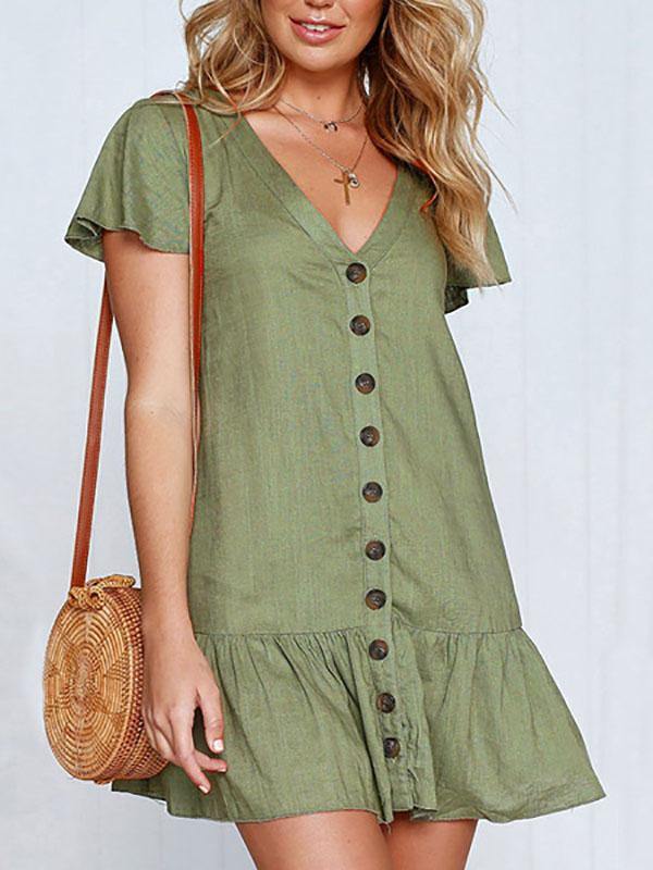 Women's Cotton and Linen Solid V-neck Loose Breathable Short Dress with Buttons - CHALIER