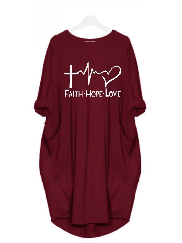Women's Casual Cotton Letter Prints Tee "FAITH HOPE LOVE" Dress Loose Midi Dress Plus Size - CHALIER